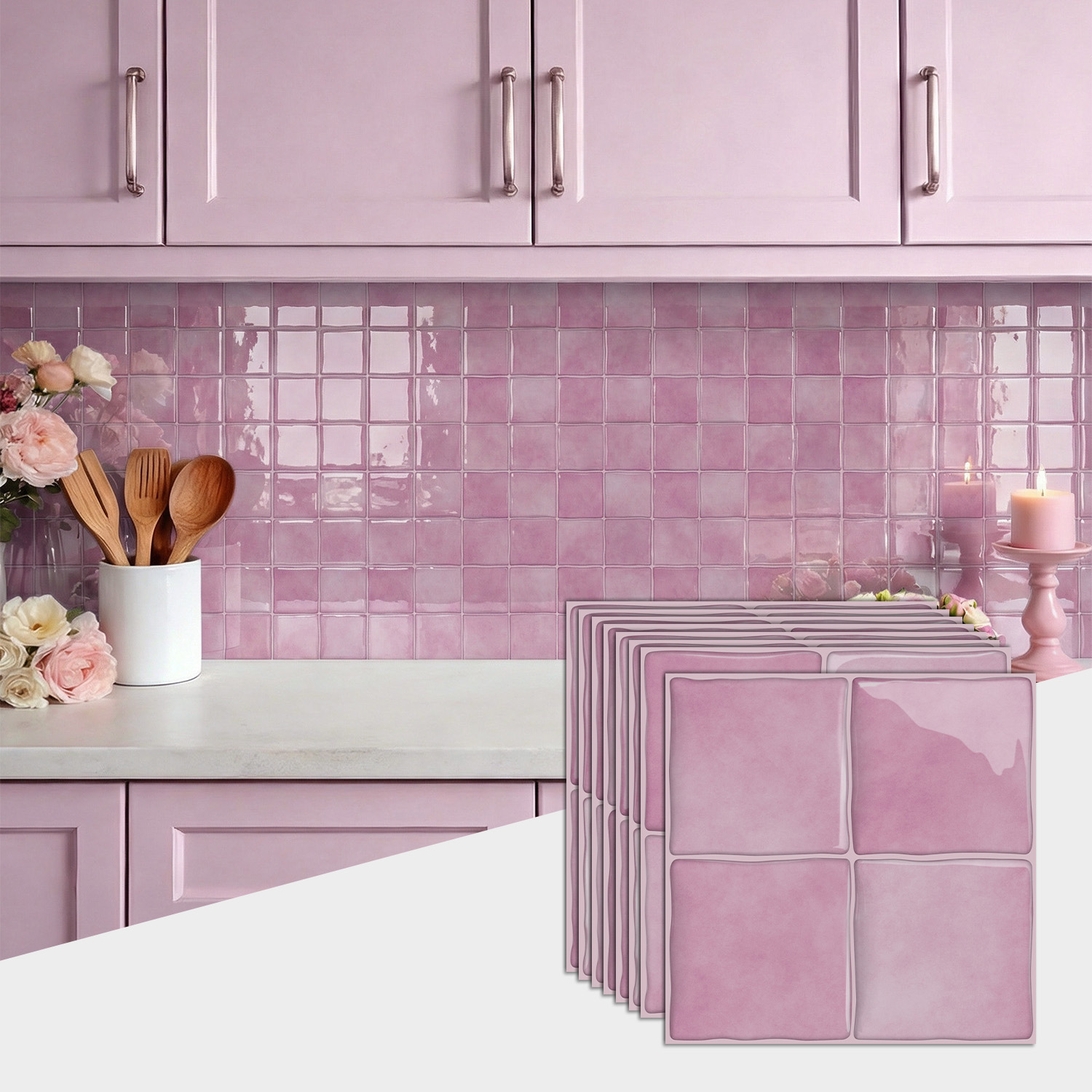 Commercial Kitchen Wall - 3D Epoxy Pink Tile Wall Stickers